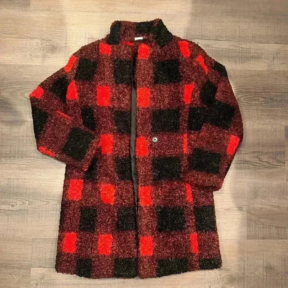 Girls Plaid Long Sherpa Coat, Black/Red Sz11/12